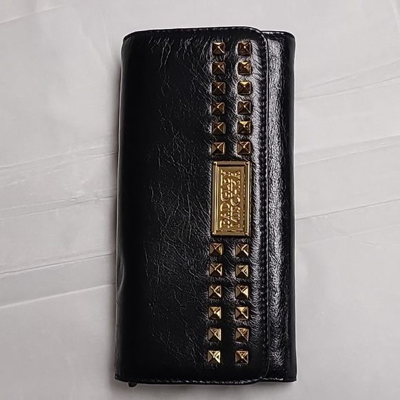 NWT Badgley Mischka Black Leather Gold Studded Wallet Clutch Ann Shine 7.5"x4" - Picture 15 of 16